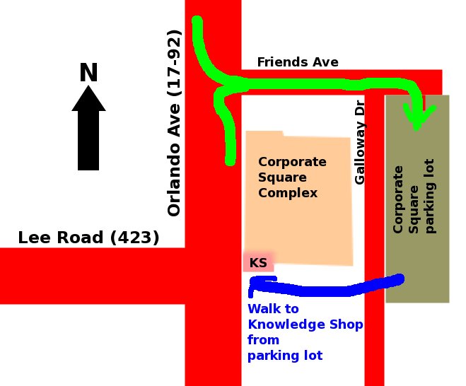 Knowledge shop and parking lot